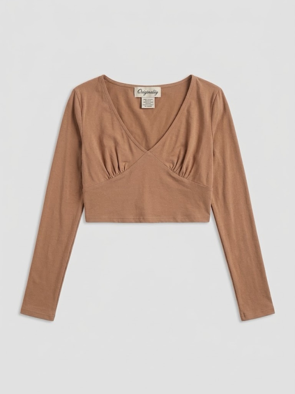 Dry Goods Cropped V-Neck Long-Sleeve Top in Camel Brown